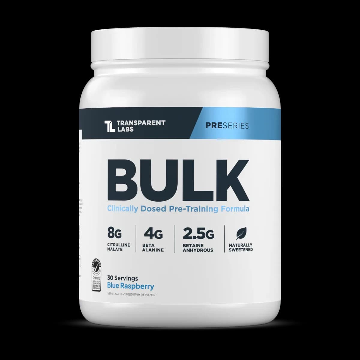 Front of Transparent Labs BULK Pre-Workout Blue Raspberry 30-serving tub